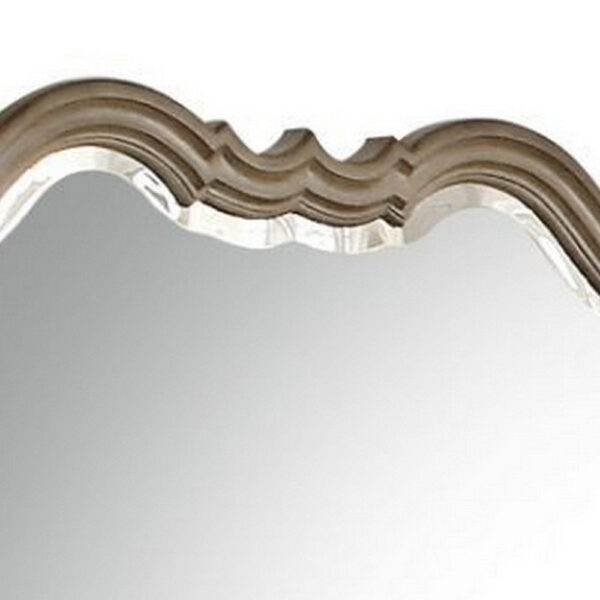 Wooden Molded Frame Mirror with Scalloped Design Top, Taupe Brown