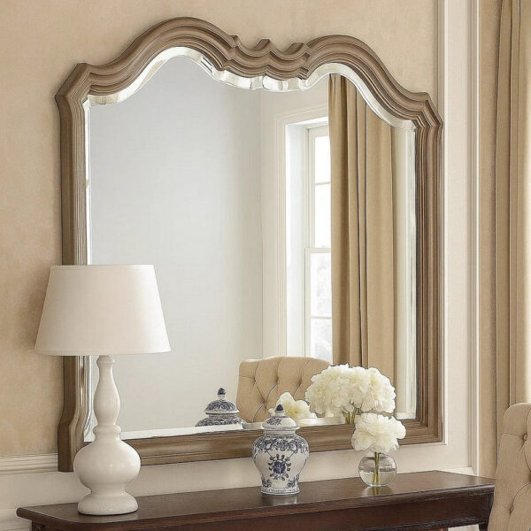 Wooden Molded Frame Mirror with Scalloped Design Top, Taupe Brown