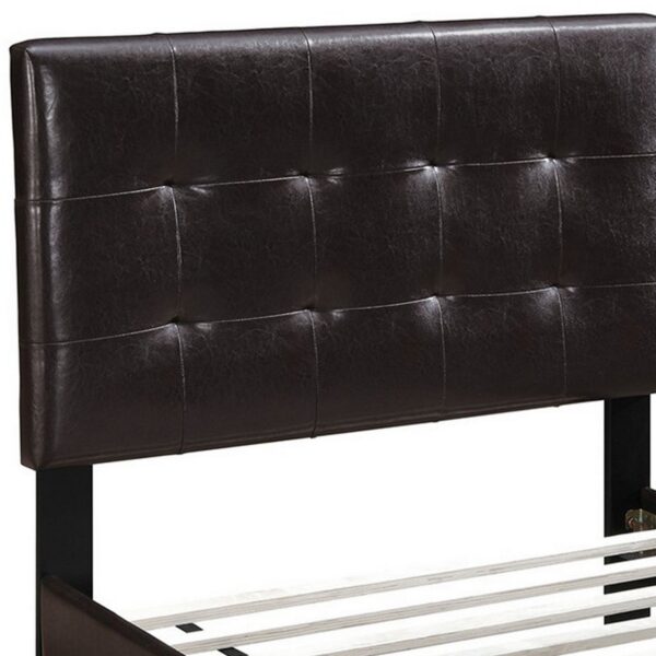 Twin Leatherette Bed with Checkered Tufted Headboard, Dark Brown