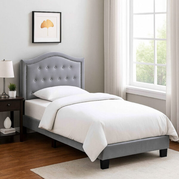 1502202669915d8d197d5.jpeg Button Tufted Twin Velvet Bed with Curved Headboard, Gray