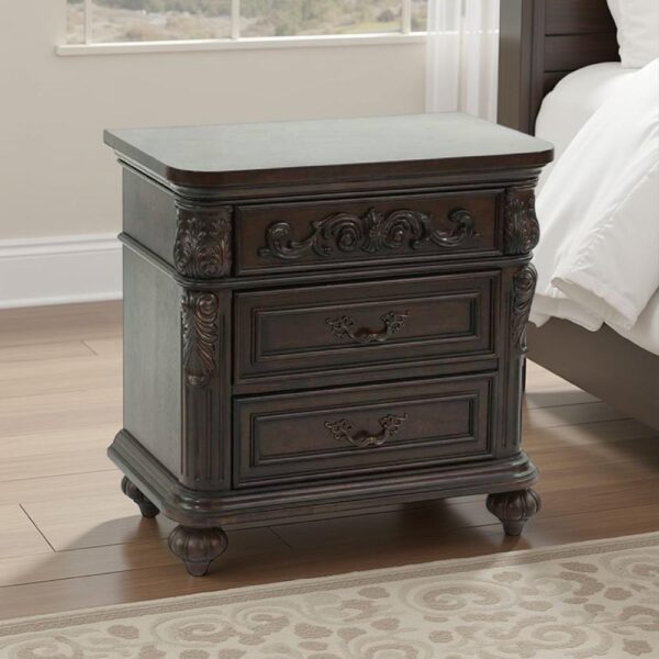 15022026699161605a209.jpeg 30 Inches 3 Drawer Engraved Wooden Nightstand, Brown