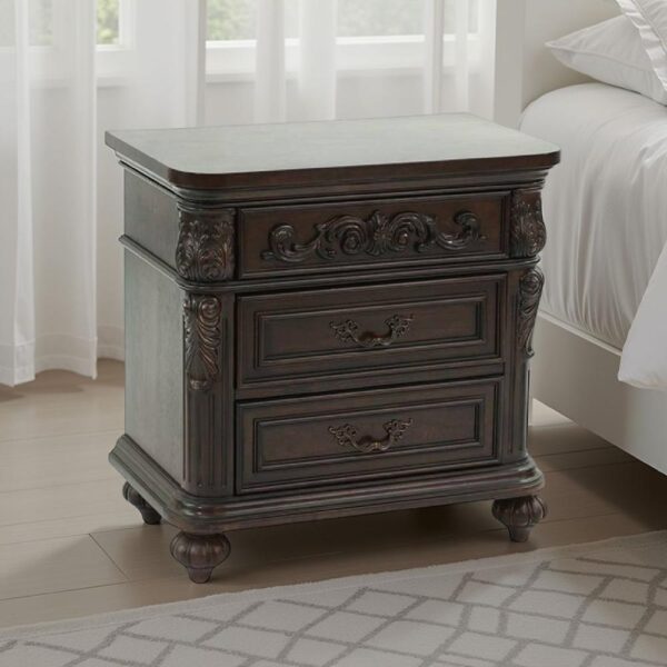 1502202669916163f0132.jpeg 30 Inches 3 Drawer Engraved Wooden Nightstand, Brown