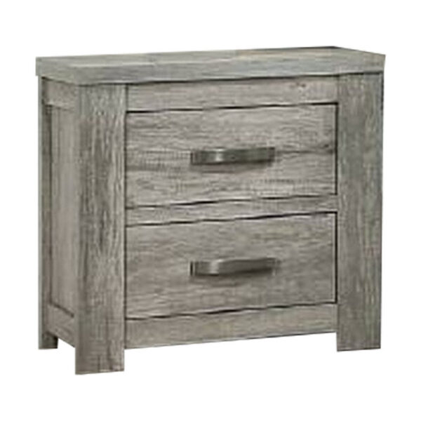 Wooden Nightstand with Two Drawers and Metal Bar Handles, Gray
