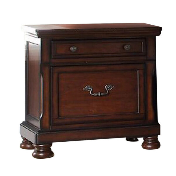 Two Drawers Wooden Nightstand with Bun Feet, Brown