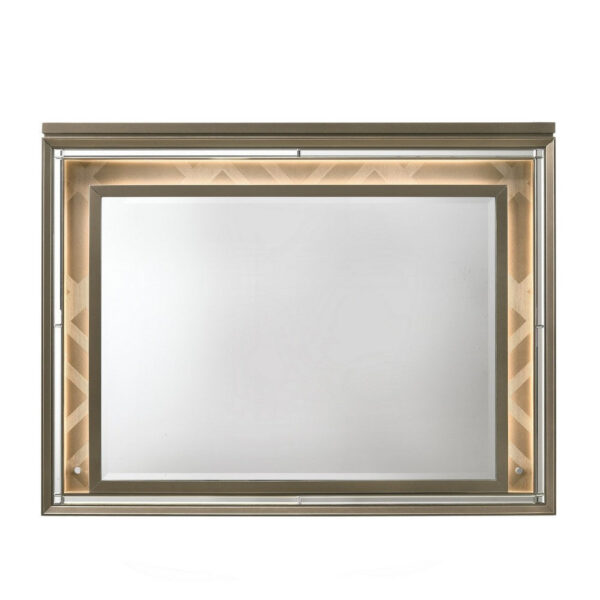 Contemporary Wall Mirror with LED and Accent Details, Gold and Brown