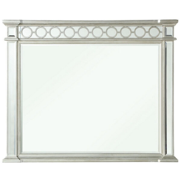 Wooden Raised Geometric Pattern Frame Mirror with Beveled Edges, Silver