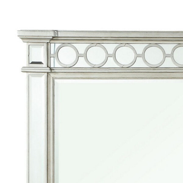 Wooden Raised Geometric Pattern Frame Mirror with Beveled Edges, Silver