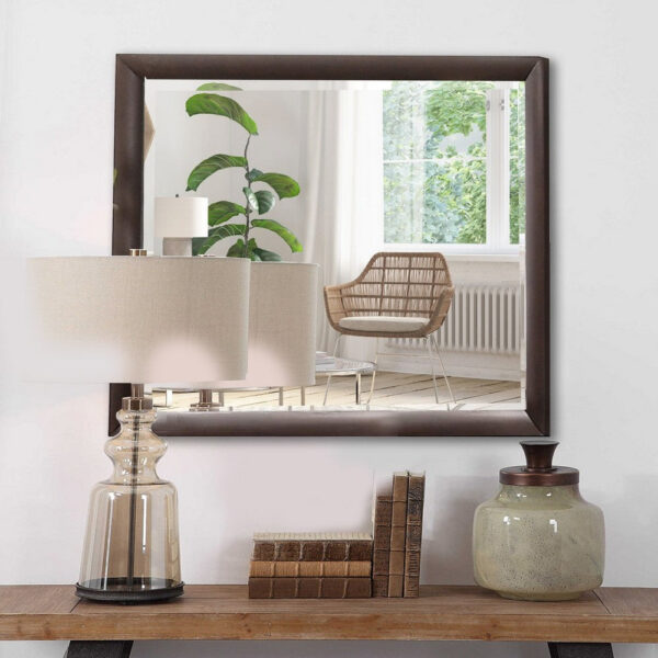 Wooden Rectangular Wall Mirror with Mounting Hardware, Brown