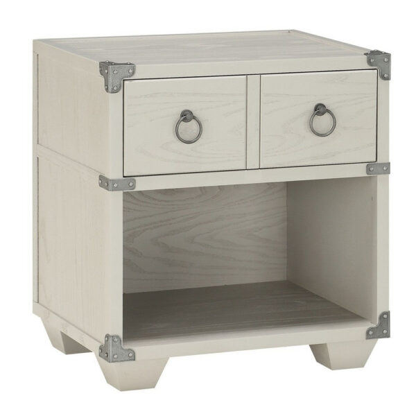 Two Drawer Wooden Nightstand with Metal Ring Pulls, Gray