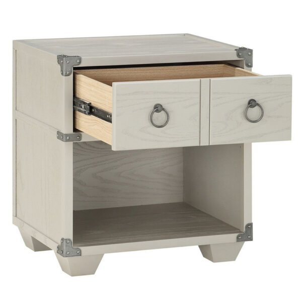 Two Drawer Wooden Nightstand with Metal Ring Pulls, Gray