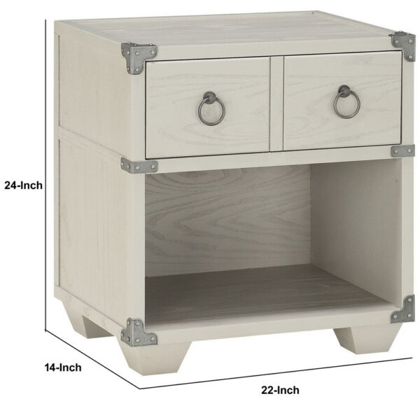 Two Drawer Wooden Nightstand with Metal Ring Pulls, Gray
