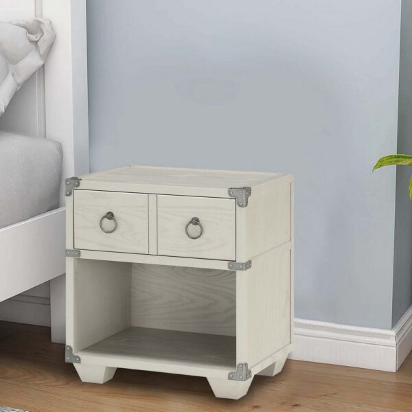 Two Drawer Wooden Nightstand with Metal Ring Pulls, Gray