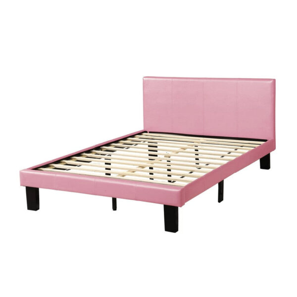 Traditional Wooden Full Bed with Faux Leather Upholstery, Pink