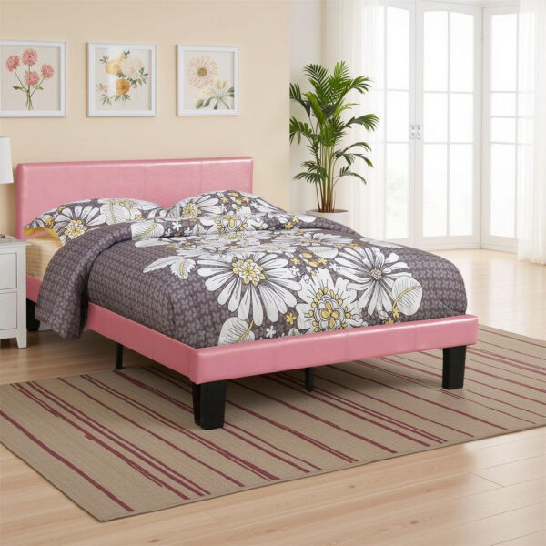 Traditional Wooden Full Bed with Faux Leather Upholstery, Pink