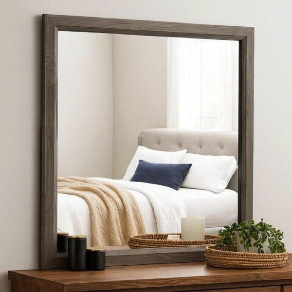 35 Inch Transitional Style Wooden Frame Mirror, Gray