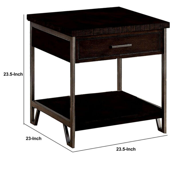 1 Drawer Wooden End Table with Metal Frame, Brown