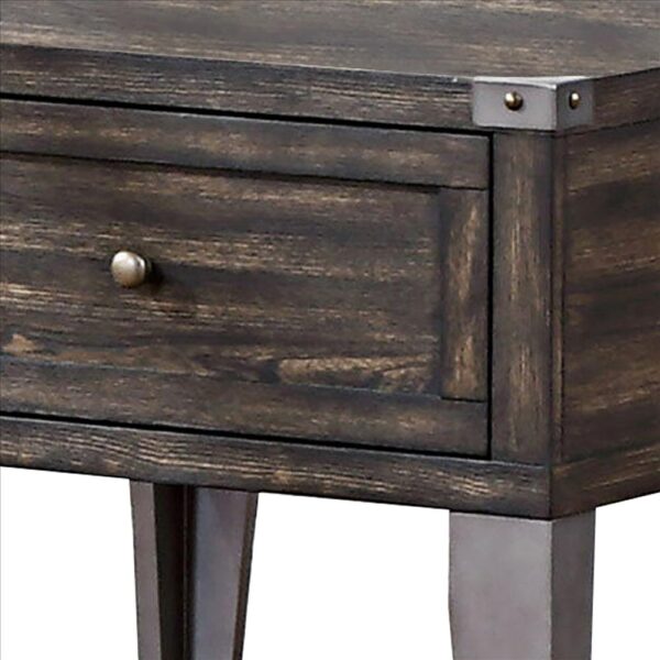 1 Drawer Wooden End Table with Metal Angled Legs, Brown