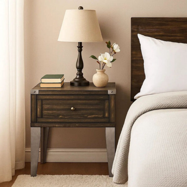 1 Drawer Wooden End Table with Metal Angled Legs, Brown