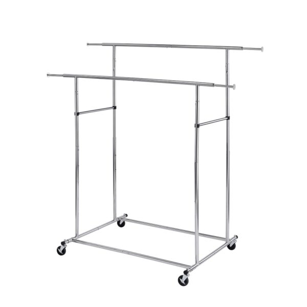 Dual Bar Tubular Metal Frame Garment Rack with Casters, Chrome