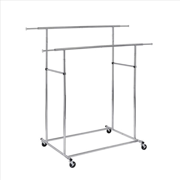 Dual Bar Tubular Metal Frame Garment Rack with Casters, Chrome
