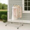 Dual Bar Tubular Metal Frame Garment Rack with Casters, Chrome