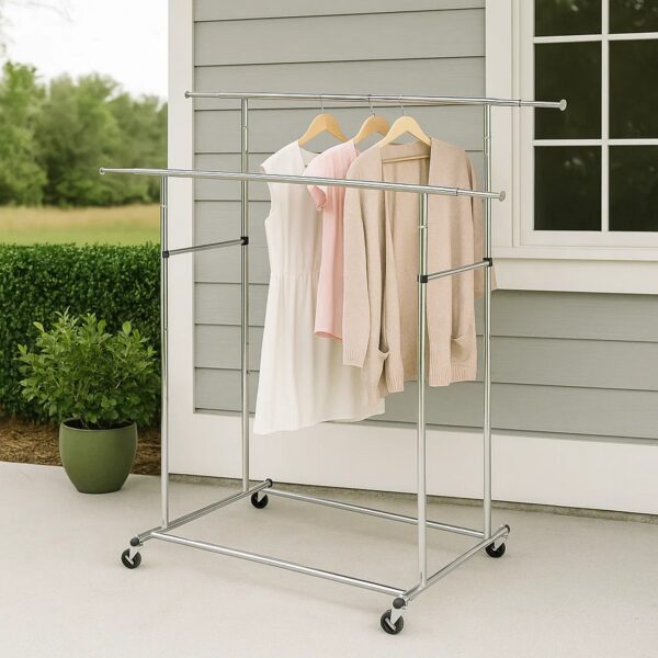 Dual Bar Tubular Metal Frame Garment Rack with Casters, Chrome