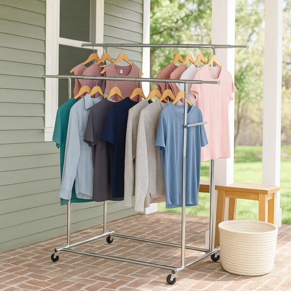 Dual Bar Tubular Metal Frame Garment Rack with Casters, Chrome