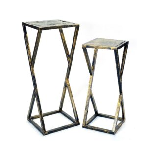 Stone Top Plant Stand with Geometric Base, Set of 2, Black and Gray