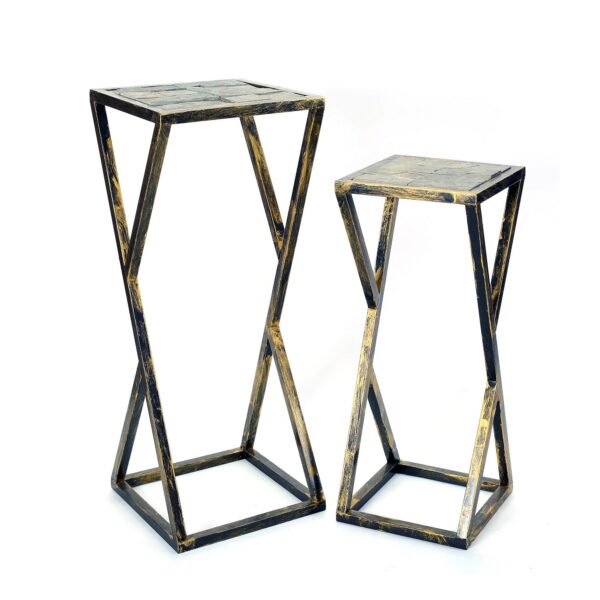 15022026699167f14bd7a.jpeg Stone Top Plant Stand with Geometric Base, Set of 2, Black and Gray