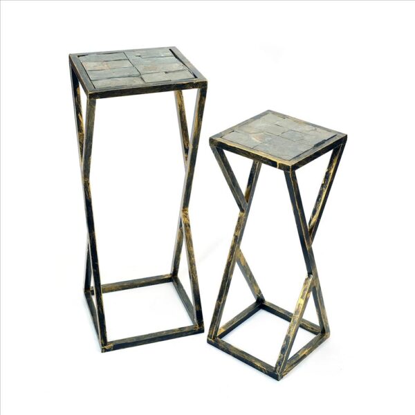 15022026699167f6e8f38.jpeg Stone Top Plant Stand with Geometric Base, Set of 2, Black and Gray