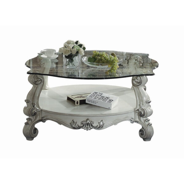 Curved Glass Top Coffee Table with Open Shelf, White