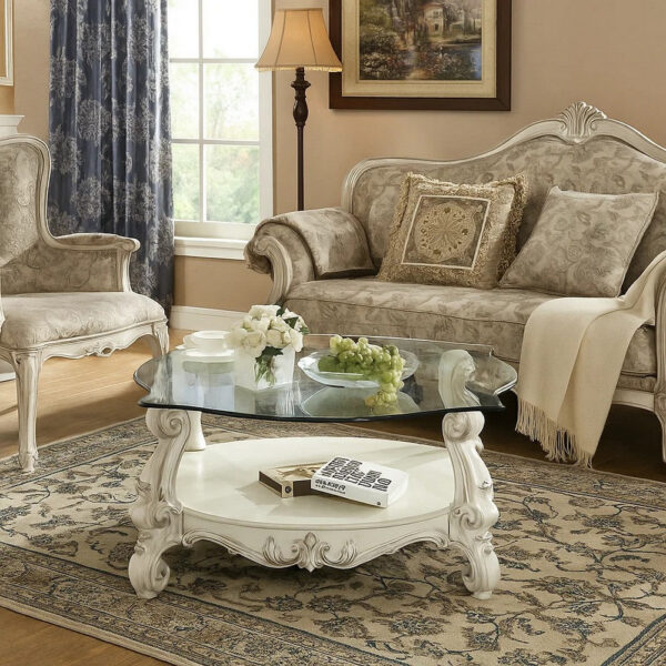 Curved Glass Top Coffee Table with Open Shelf, White