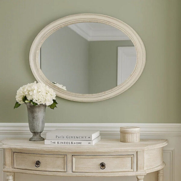 Oval Shaped Wooden Mirror with Molded Details, Antique White