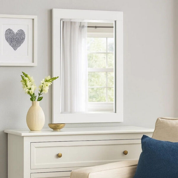 15022026699169083a652.jpeg 27 Inch Contemporary Wooden Frame Rectangular Mirror, White