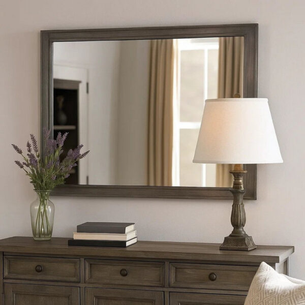 1502202669916937899fd.jpeg 38 Transitional Style Square Wooden Frame Mirror, Gray