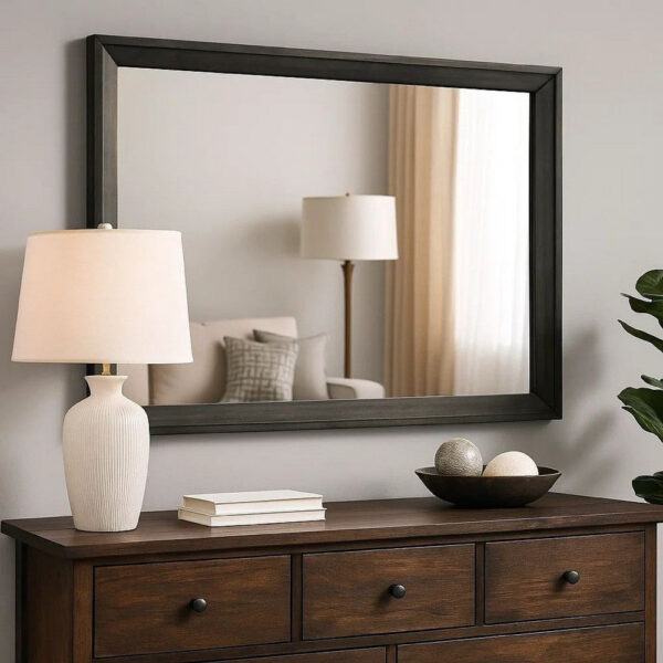 45 Inch Rectangular Wooden Frame Contemporary Mirror, Gray