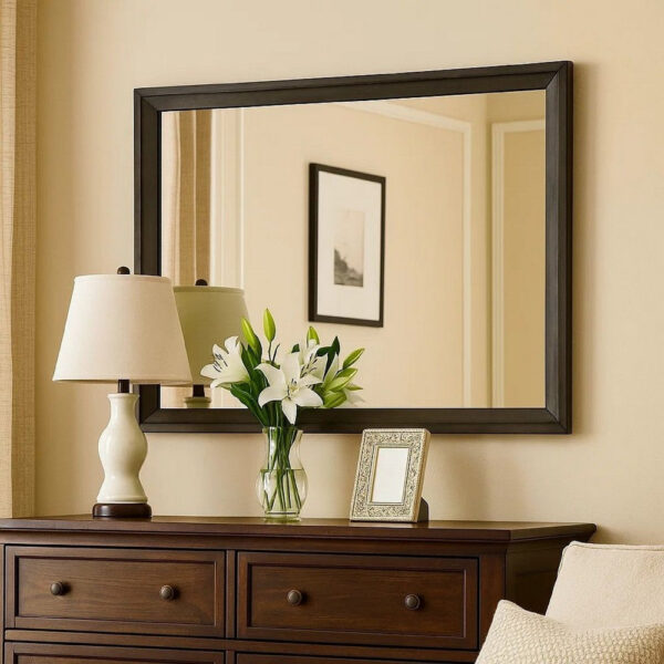 45 Inch Rectangular Wooden Frame Contemporary Mirror, Gray