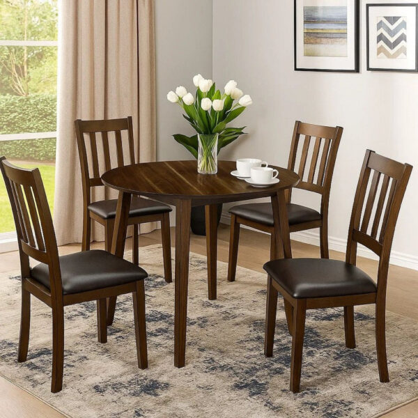 Wooden Dining Table with Ladder Back Style Chairs, Set of 5, Brown