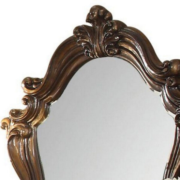 Scroll and Molded Wooden Mirror with Carved Details, Cherry Brown