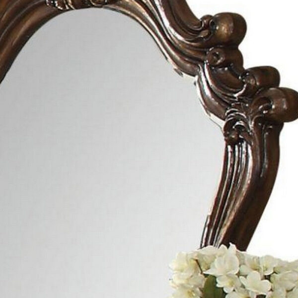 Scroll and Molded Wooden Mirror with Carved Details, Cherry Brown