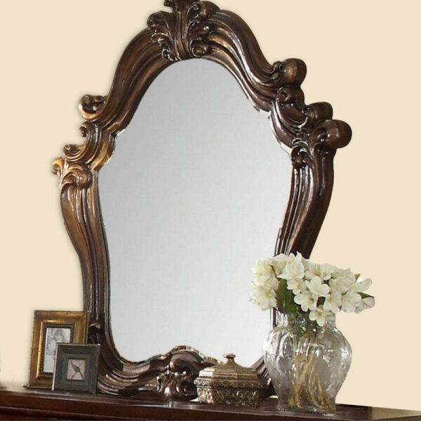 Scroll and Molded Wooden Mirror with Carved Details, Cherry Brown