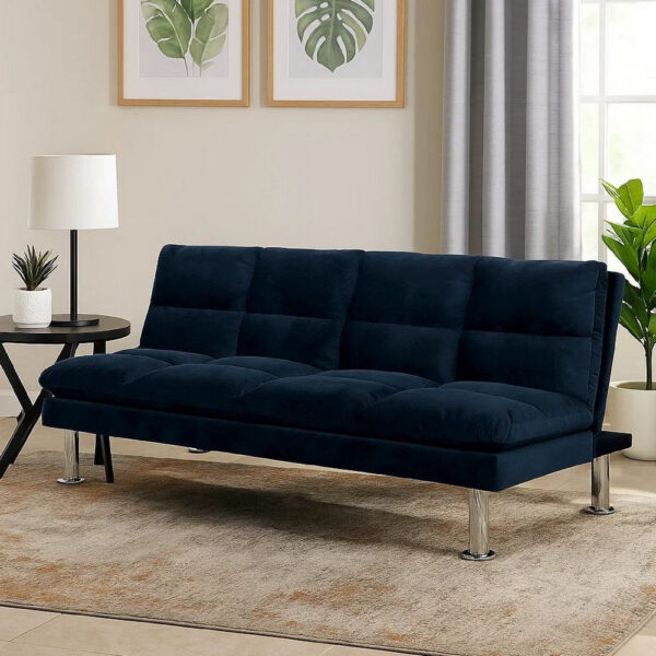 1502202669916acd0f812.jpeg Futon Sofa with Tufted Padded Seating and Metal Legs, Blue