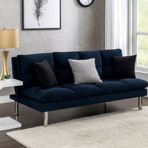1502202669916ace7cbb2.jpeg Futon Sofa with Tufted Padded Seating and Metal Legs, Blue