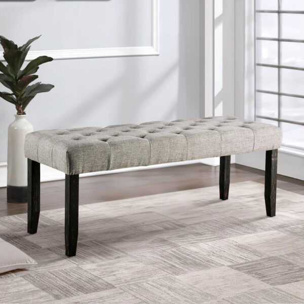 48 Inches Bench with Tufted Seat and Chamfered Legs, Light Gray