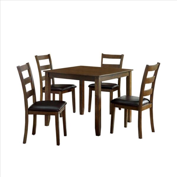 5 Piece Dining Table Set with Leatherette Seating, Brown