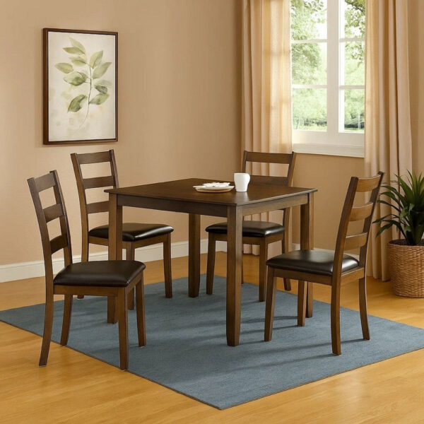 5 Piece Dining Table Set with Leatherette Seating, Brown