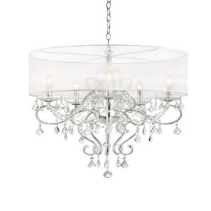 32 Inch Ceiling Lamp with Hanging Crystals, Round Canopy, Silver