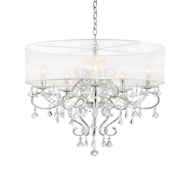 32 Inch Ceiling Lamp with Hanging Crystals, Round Canopy, Silver