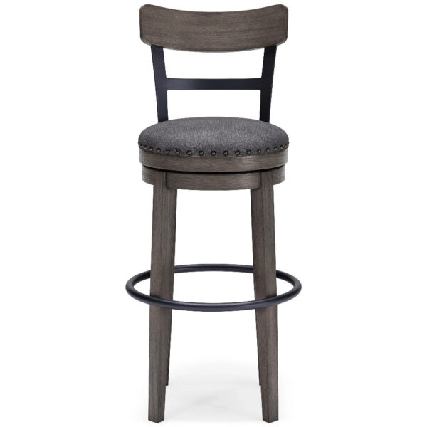 Swivel Barstool with Nailhead Trim and Curved Panel Back, Tall, Gray