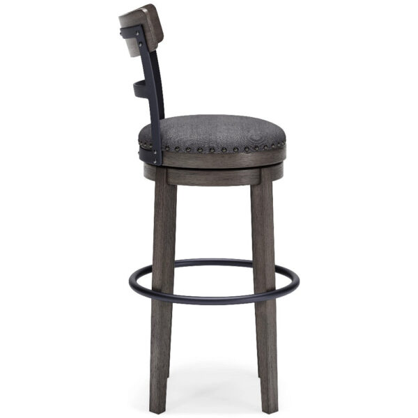 Swivel Barstool with Nailhead Trim and Curved Panel Back, Tall, Gray